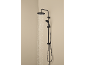 Black shower system with a round overhead shower and a handheld shower, water running.