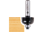 Router bit with guide bearing and wood with a rounded profile.