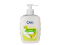 White liquid soap with a dispenser, featuring an olive motif and the text 'softens the skin'.