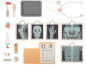 Toy doctor kit with stethoscope, X-rays, and medical instruments.