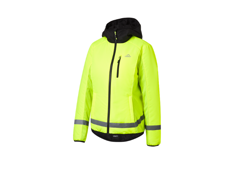 Neon yellow sports jacket with a hood and reflective details.