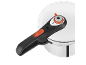White pressure cooker lid with black handle and orange details.