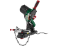 Electric chainsaw sharpener with a chain attached, on a black background.