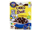 Pack of chocolate cereal balls with a rabbit cartoon and a bowl of cereal.