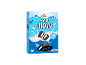 Blue box of chocolate pillows with vanilla filling, milk splashes, and a farm theme.