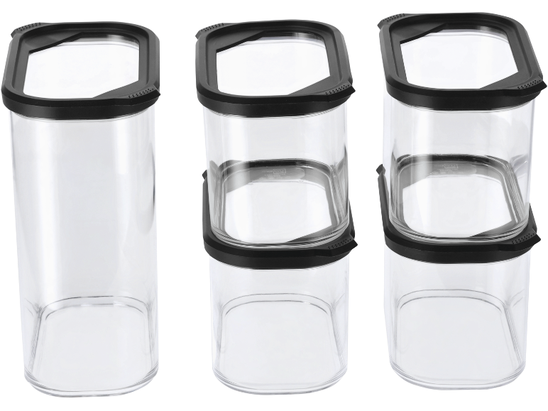 Three clear food containers with black lids, two of which are stacked.