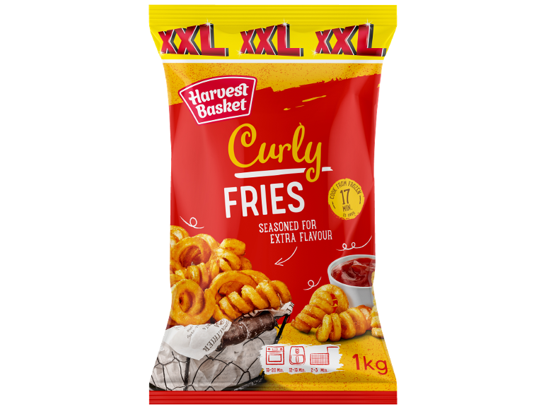 XXL bag of seasoned curly fries, with cooking instructions and a weight of 1 kg.