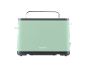 Mint green two-slice toaster with a silver handle.
