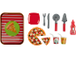 Toy pizza set with slices, serving tools, drinks, and ketchup bottle on a striped tray.