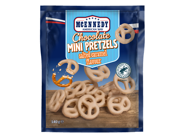 Pack of chocolate mini pretzels with salted caramel flavour, 140 g.