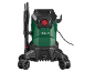 Green pressure washer with black details and wheels on a black background.