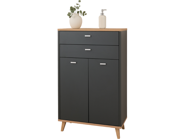 Black cabinet with drawers and doors, featuring a wooden top and legs, adorned with a vase and soap dispenser.