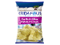 Bag of garlic & olive flavour crisps, with a Greek-themed background.