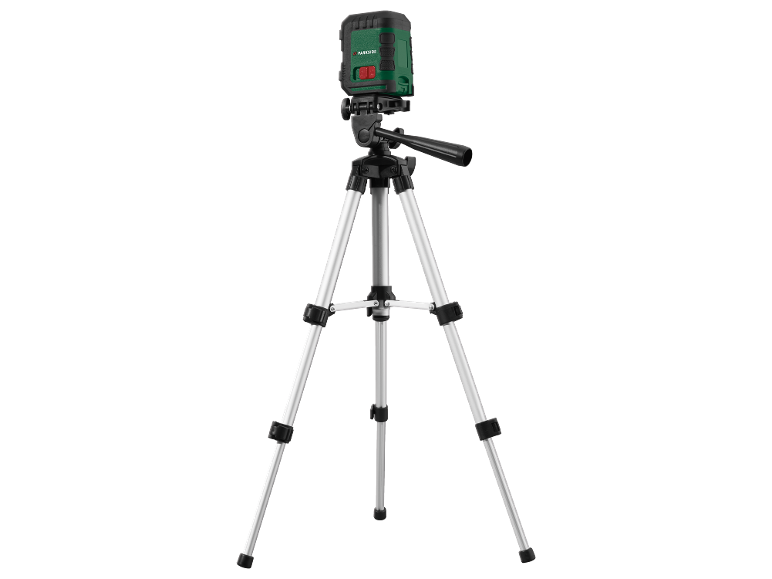 Laser level on a tripod with red buttons against a black background.