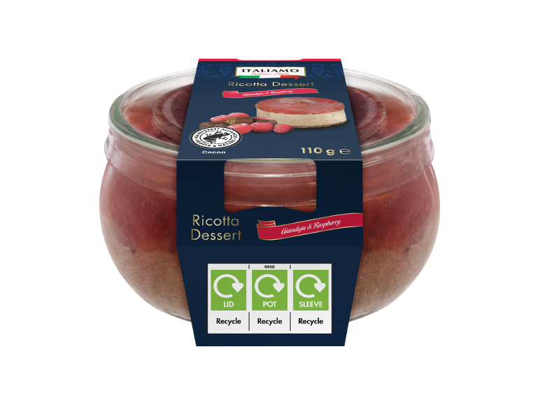 Ricotta dessert gianduja and raspberry, 110g, with recycling instructions on the packaging.