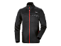 Black softshell jacket with a red zipper and white details.