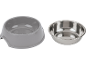 Grey plastic pet bowl with a removable stainless steel insert.