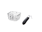Fryer basket with handle on a black background.