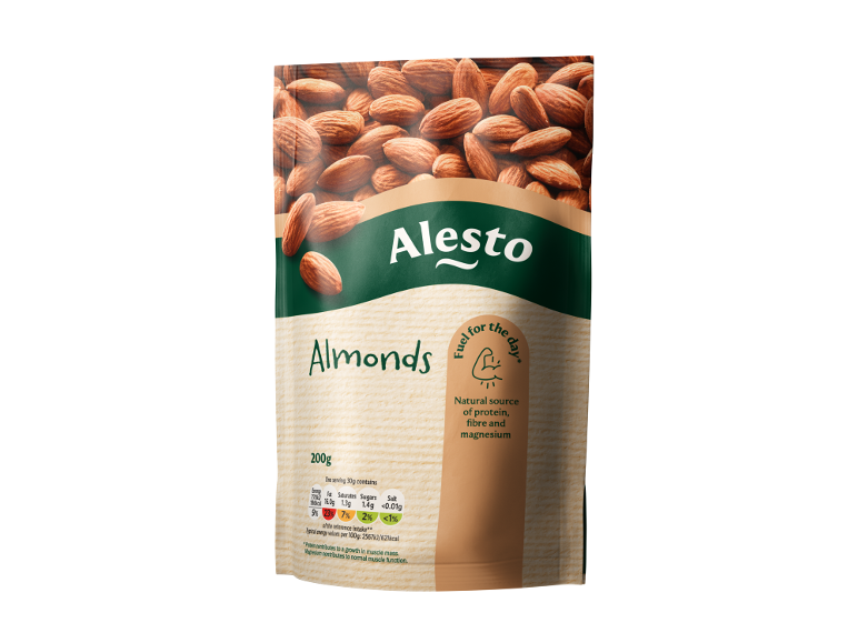 A pack of almonds with nutritional information and a note that it's a natural source of protein.