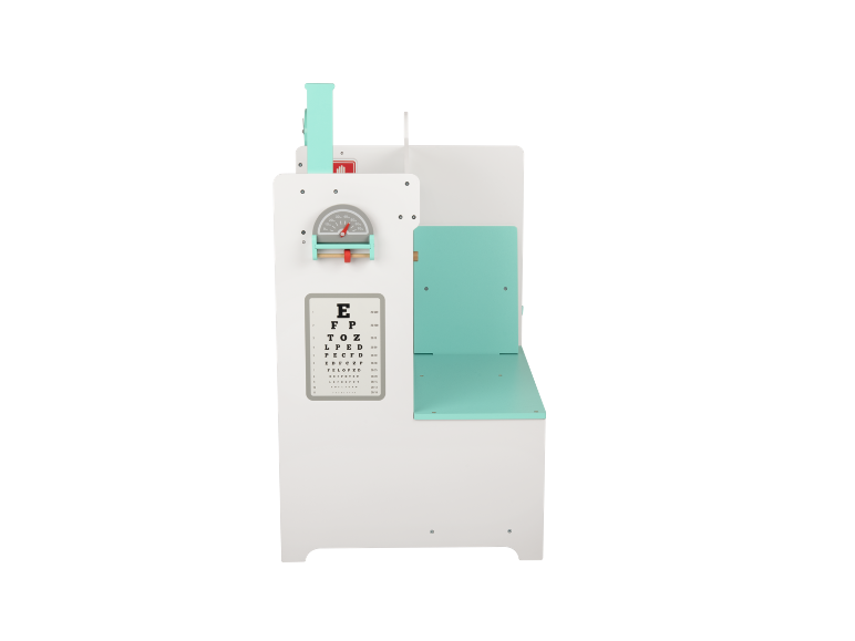 Wooden doctor role-play set with optometric chart and turquoise seat.