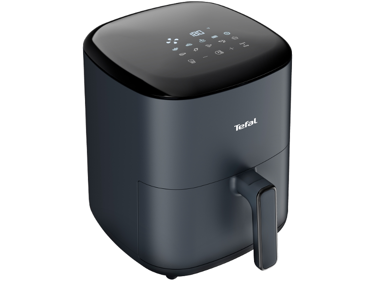 Black air fryer with a digital display and a handle.