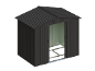 Dark grey metal garden shed with a corrugated roof and open sliding doors.