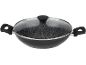 Black granite-coated pot with a glass lid.