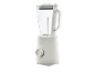 White blender with a glass jug, lid, and handle, featuring a control dial.