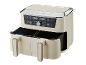 Cream double air fryer with digital control panel, set to 200°C and 175°C.