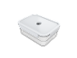 Rectangular transparent food storage container with a white lid and vacuum valve.