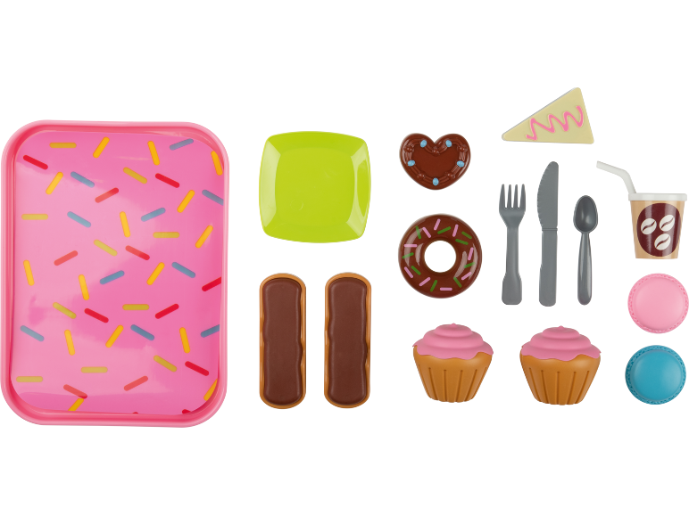 A toy dessert set with a pink tray, green plate, various pastries, and cutlery.