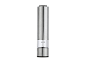Stainless steel electric salt and pepper grinders with a transparent window.