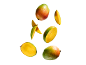 Fresh whole and sliced mangoes with water droplets.