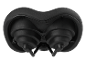 Black bicycle saddle with shock absorbers, bottom view.