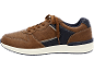 Men's brown and blue athletic shoes with a white sole.