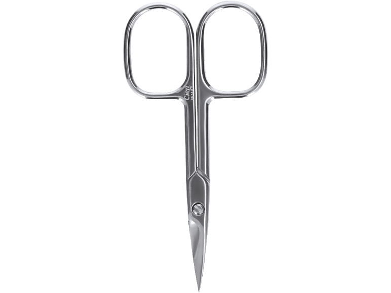 Shiny metal nail scissors with oval handles.