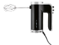 A black hand mixer with silver accents and a single whisk attachment.