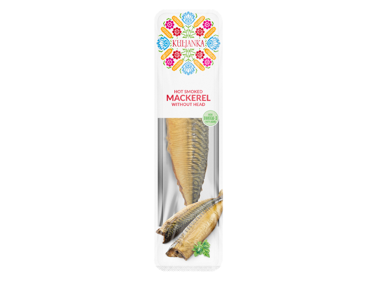 Hot smoked mackerel without head, with 'HIGH OMEGA-3 FATTY ACIDS' on the packaging