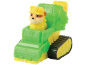 Toy dog figure with yellow helmet in a green and yellow construction vehicle.