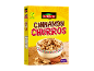 Box of cinnamon churros cereal, with a bowl of cereal and cinnamon sticks.