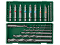 Drill bit and screwdriver bit set in a green case.
