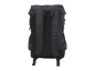 Black backpack with padded back and shoulder straps, back view.