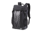 Black backpack with white dotted stripes and a logo at the bottom.