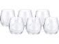 Six clear stemless wine glasses with a subtle etched pattern on the lower half.