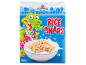 Box of puffed rice cereal with a cartoon crocodile and a bowl of cereal with milk.