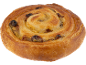 Raisin swirl pastry on a black background