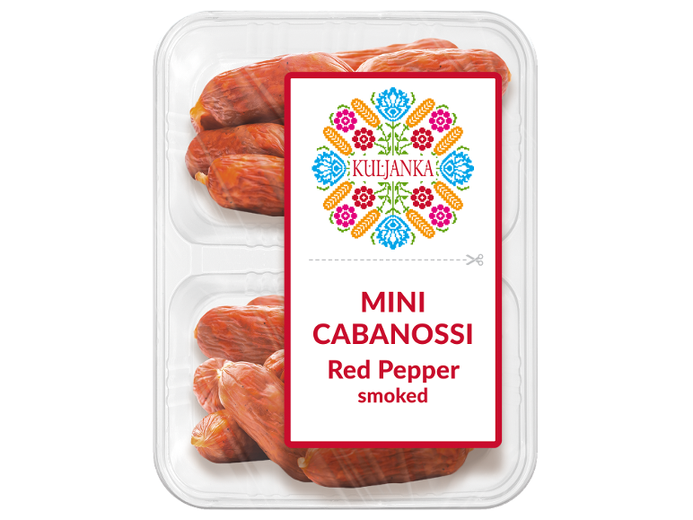 Pack of mini cabanossi, red pepper smoked, with a folk-art inspired label.