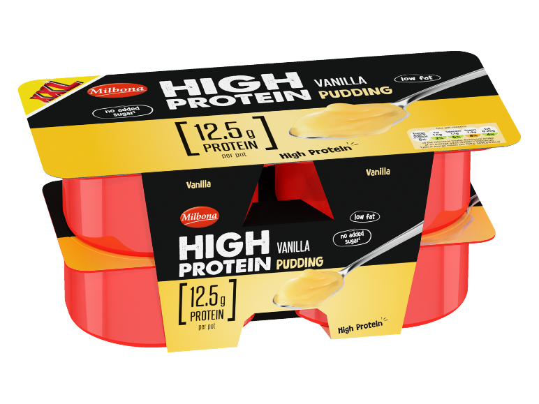 Two packs of high protein vanilla pudding, with 12.5g protein per pot and no added sugar.