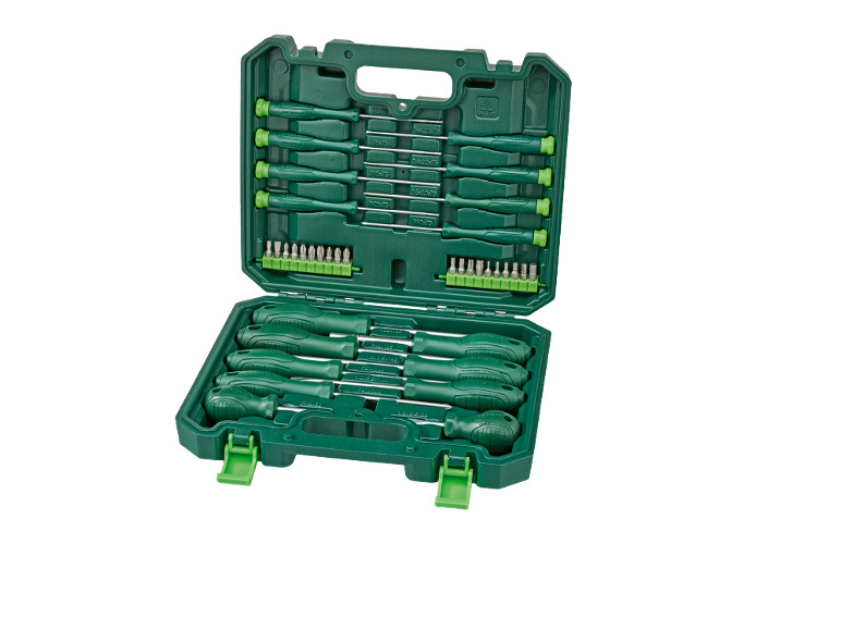 Green screwdriver and bit set in an open case, featuring various sizes and types.