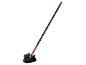 Ceiling broom with a black handle and a green and red head.